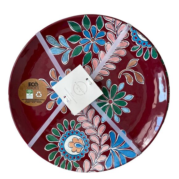 BUNGALOW Set of 4 Melamine 11" Dinner Plates Burgundy Multi Colored Floral NEW - Picture 2 of 10